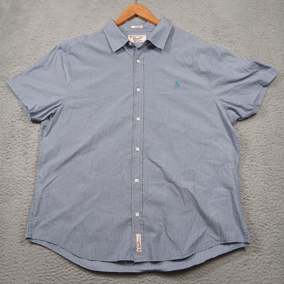 Original Penguin Shirt Mens 2XL Blue Pink Striped Classic Fit Short Sleeve - Picture 1 of 6